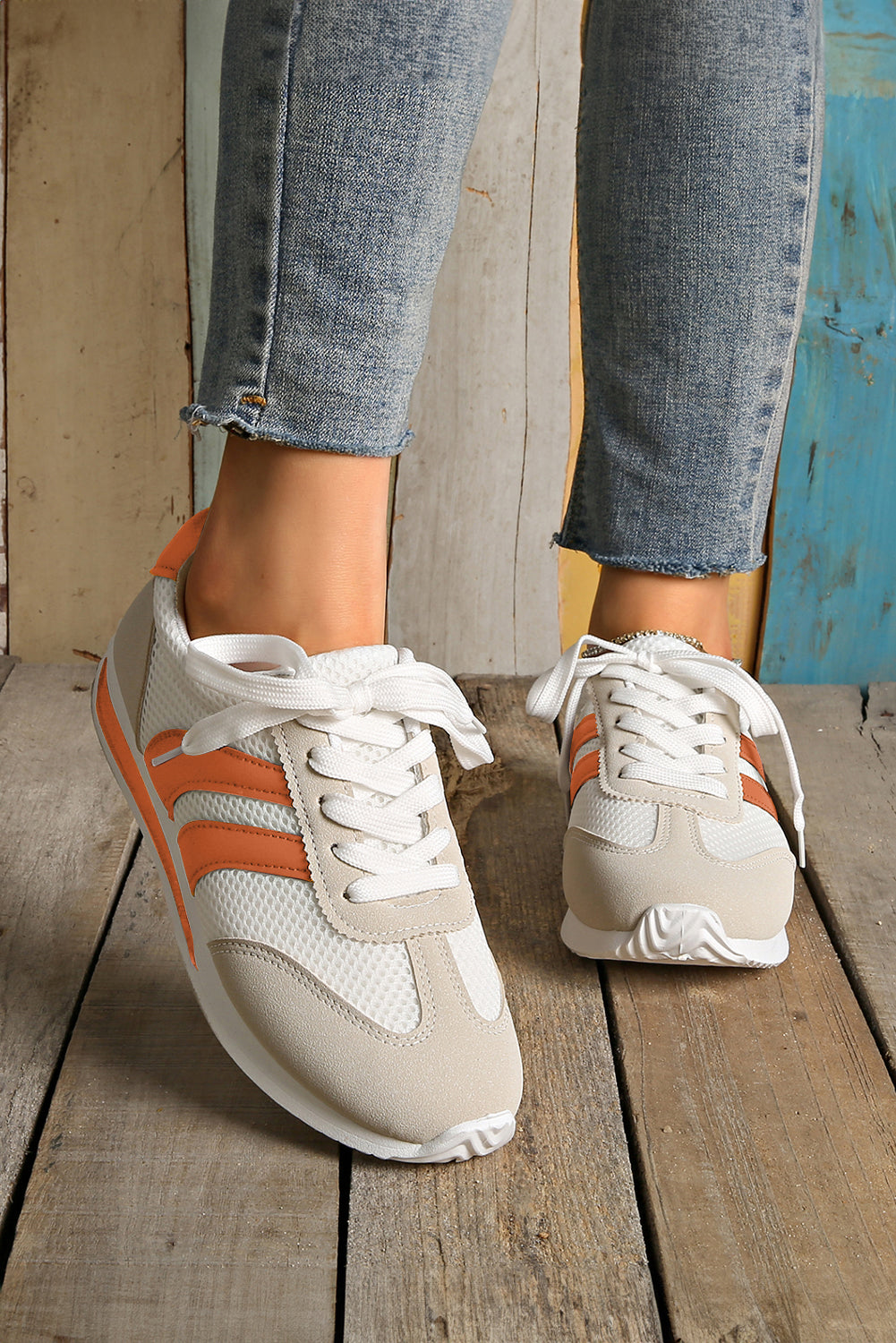 White Patchwork Breathable Lace Up Sneakers