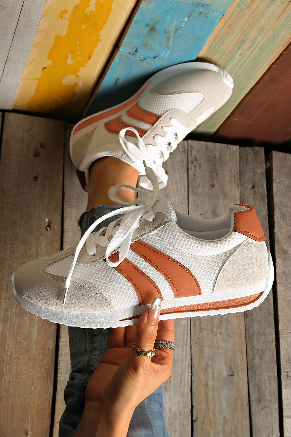 White Patchwork Breathable Lace Up Sneakers