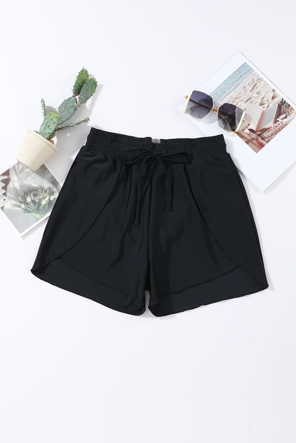 Black Solid Color 2-in-1 Drawstring Elastic Waist Swim Shorts